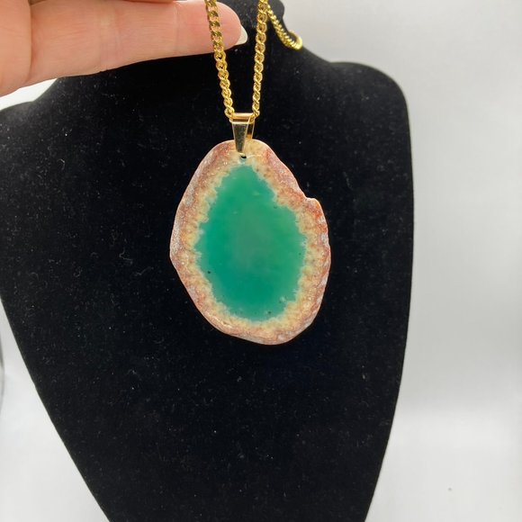 NEW Agate Gemstone Raw Edge AQUA Colored Gemstone + 20 in Golden Stainless Chain - Picture 10 of 12